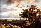 Peasants Canvas Paintings - A Panoramic Rhenish Landscape With Peasants Conversing On A Track In The Morning Sun